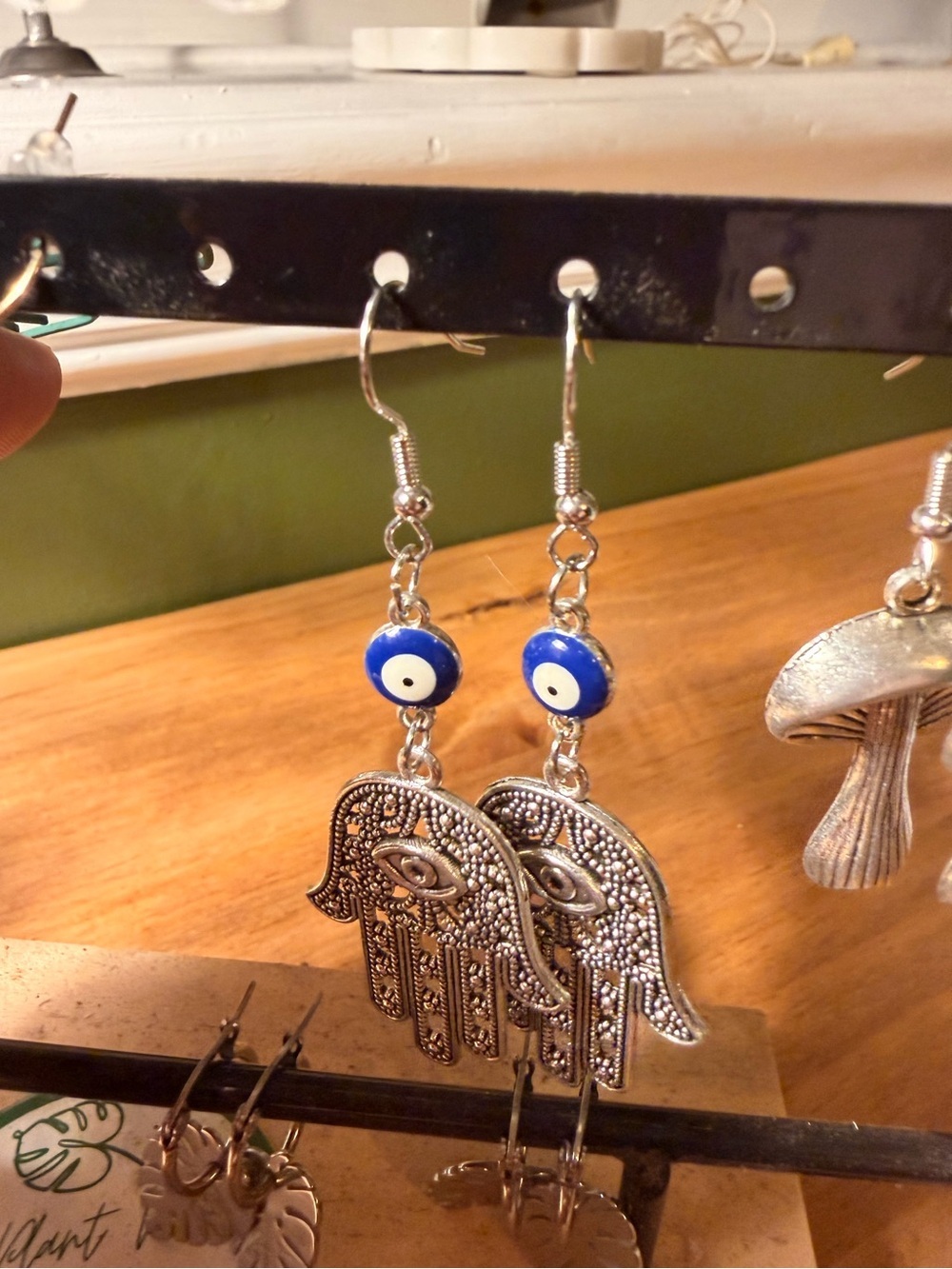 Silver Hamsa Hand Earrings with Blue Eye Bead - Unbranded